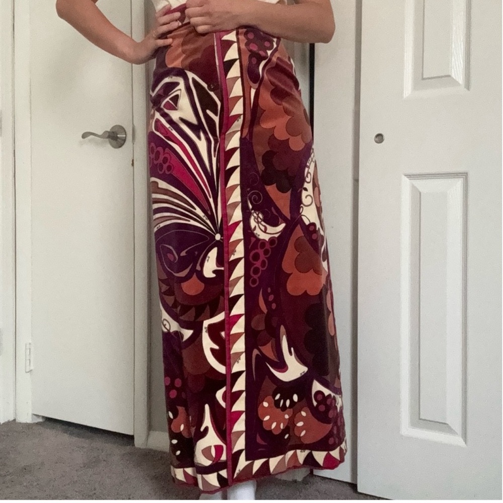 Rare 1960s Emilio Pucci Burgundy and Pink Floral Retro Velvet Maxi Skirt